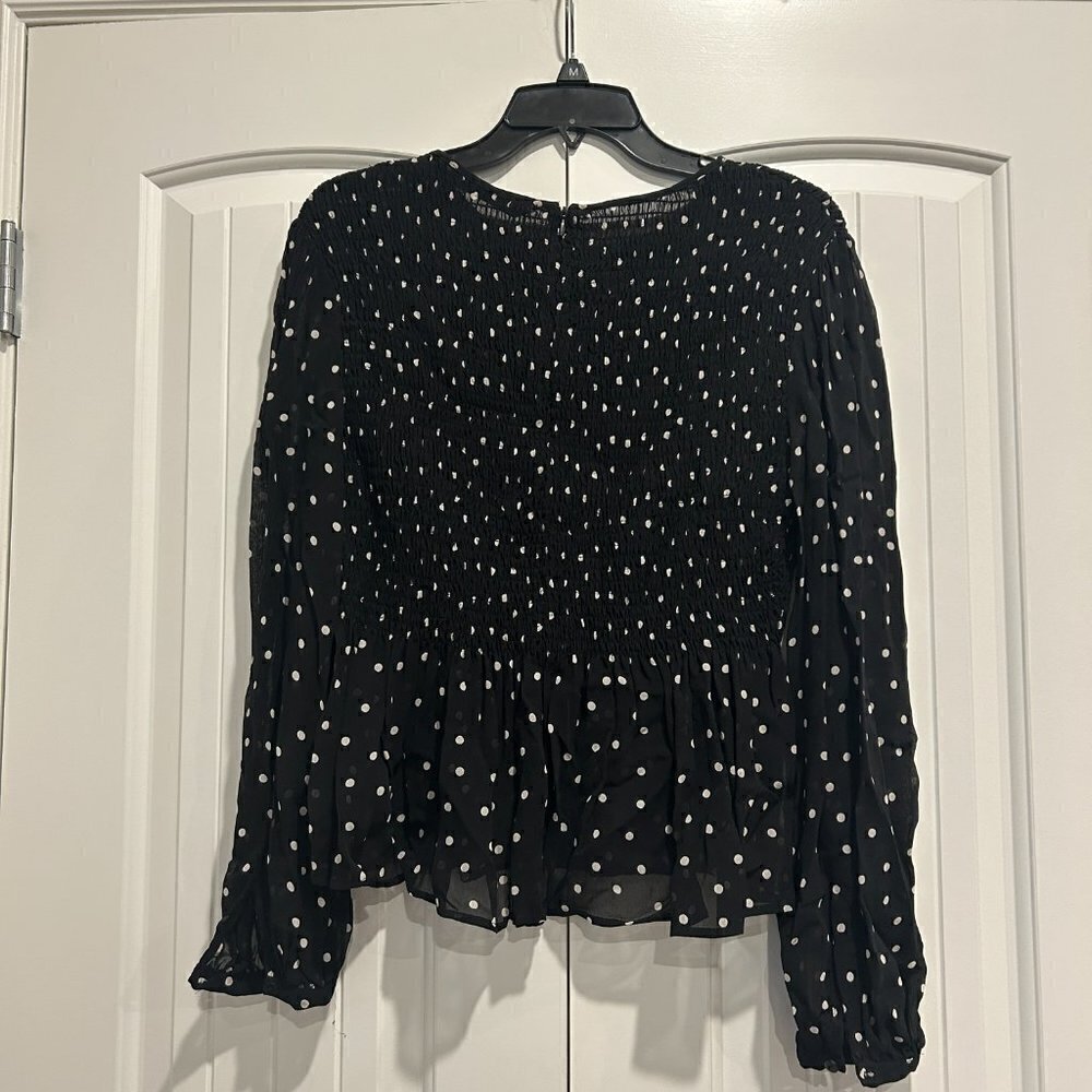 Zara Black and White Polka Dot Smocked Peplum Mesh Blouse Women’s Size Small - Picture 10 of 12